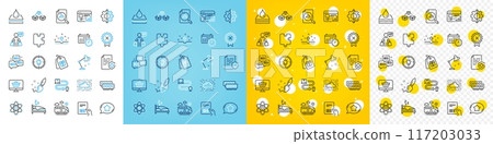 Vector icons set of Medical certificate, Parcel invoice and Analytics graph line icons pack for web with Reject medal, Chemistry atom, Delivery service outline icon. Puzzle, Cloud system. Vector Vector icons set of Medical certificate, Parcel invoice and Analytics graph line icons pack for web with Reject medal, Chemistry atom, Delivery service outline icon. Puzzle, Cloud system. Vector 117203033