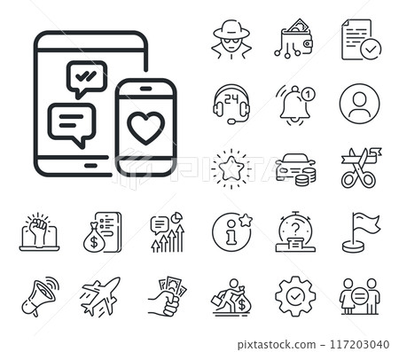 Mobile devices sign. Salaryman, gender equality and alert bell outline icons. Social media messages line icon. Smartphone Love message symbol. Social media line sign. Vector Mobile devices sign. Salaryman, gender equality and alert bell outline icons. Social media messages line icon. Smartphone Love message symbol. Social media line sign. Vector 117203040