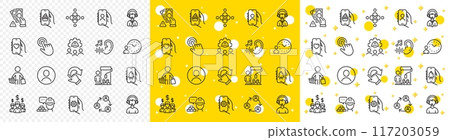 Outline Cursor, Painter and Bribe line icons pack for web with Engineering team, Dating app, Buyer line icon. Teamwork, Food app, Bell alert pictogram icon. Time management. Vector 117203059