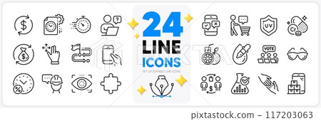 Icons set of Hold smartphone, Orange juice and Loan percent line icons pack for app with Online voting, Eyeglasses, Uv protection thin outline icon. Eye drops, Foreman, Helping hand pictogram. Vector 117203063