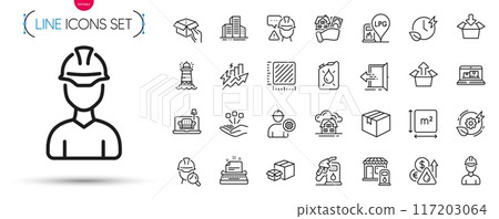 Pack of Foreman, Consumption growth and Builder warning line icons. Include Green energy, Lighthouse, Furniture pictogram icons. Engineer, Parcel, Get box signs. Inspect, Packing boxes. Vector Pack of Foreman, Consumption growth and Builder warning line icons. Include Green energy, Lighthouse, Furniture pictogram icons. Engineer, Parcel, Get box signs. Inspect, Packing boxes. Vector 117203064