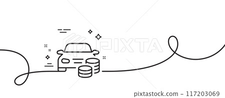 Buy car line icon. Continuous one line with curl. Rent transport sign. Vehicle down payment symbol. Buy car single outline ribbon. Loop curve pattern. Vector Buy car line icon. Continuous one line with curl. Rent transport sign. Vehicle down payment symbol. Buy car single outline ribbon. Loop curve pattern. Vector 117203069