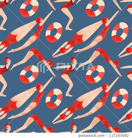 An athlete, a woman in a red swimsuit and a red cap is swimming. Seamless watercolor pattern, hand drawn. Blue background 117203092