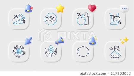 Mountain flag, Vegetables and Stop fishing line icons. Buttons with 3d bell, chat speech, cursor. Pack of Apple, Eco organic, Macadamia nut icon. Fair trade, Juice pictogram. Vector Mountain flag, Vegetables and Stop fishing line icons. Buttons with 3d bell, chat speech, cursor. Pack of Apple, Eco organic, Macadamia nut icon. Fair trade, Juice pictogram. Vector 117203093