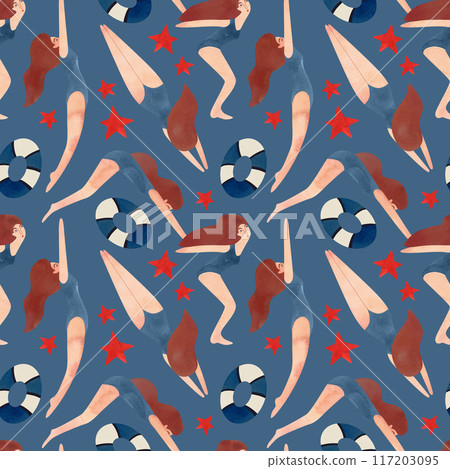 Seamless pattern with floating women in vintage style. Swimming. Watercolor illustration on blue background Seamless pattern with floating women in vintage style. Swimming. Watercolor illustration on blue background 117203095