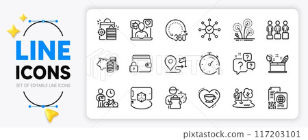 Survey check, Question bubbles and Piggy bank line icons set for app include Creativity concept, 360 degrees, Social media outline thin icon. Delivery man, Bike courier, Lock pictogram icon. Vector 117203101