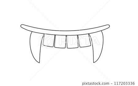 Vampire teeth element of Halloween holiday traditional celebration, hand drawn outline simple illustration, symbol of autumn holiday celebration event 117203336