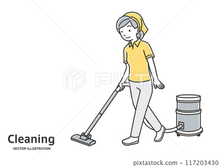 A woman in an apron vacuuming A woman in an apron vacuuming 117203430