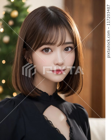 港區女孩在聖誕樹前露出慈祥的笑容。 117203487