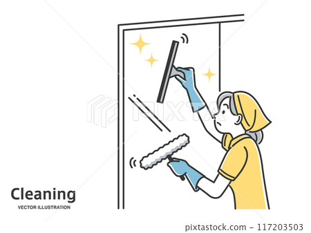 A woman in an apron cleaning windows 117203503