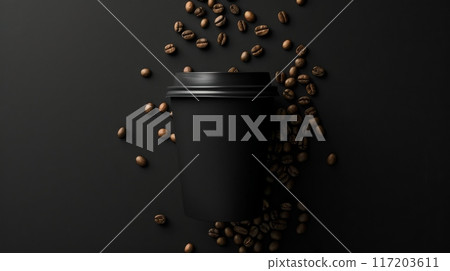 Black Paper Coffee Cup Beans Top View, Designer Mockup, AI Created 117203611