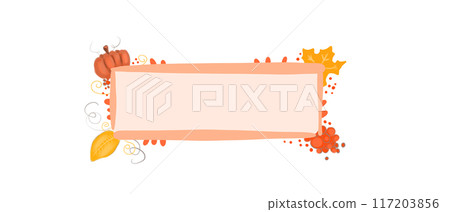 Autumn banner with pumpkin, leaves and berries illustration for use labels, printing, fabrics, packaging 117203856