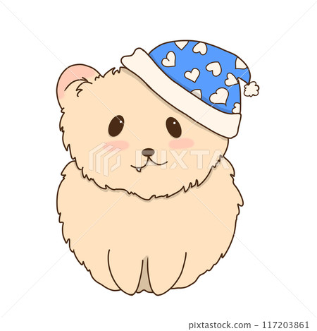 Beige bear with blue sleep cap children's illustration for use labels, printing, fabrics, packaging 117203861