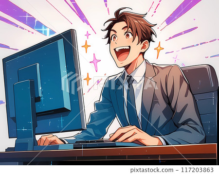 看著電腦螢幕欣喜若狂的商人 117203863