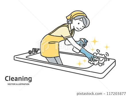 A woman in an apron cleaning the bath 117203877