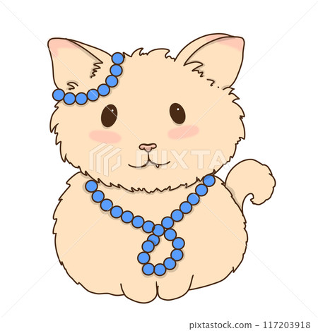Beige cat with blue beads children's illustration for use labels, printing, fabrics, packaging 117203918