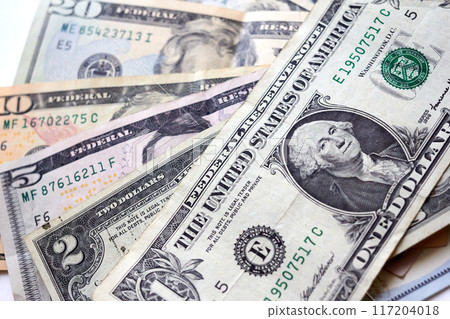 Background of various US dollar bills, top view point Background of various US dollar bills, top view point 117204018