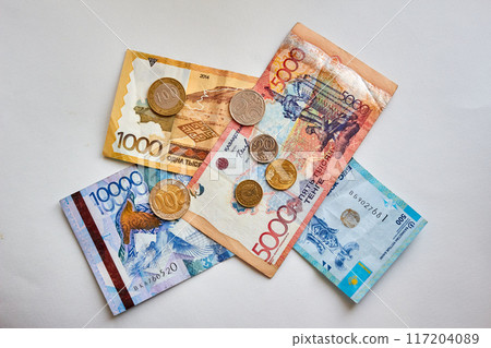Top view. Money background. Photo with various paper banknotes of Republic of Kazakhstan 117204089