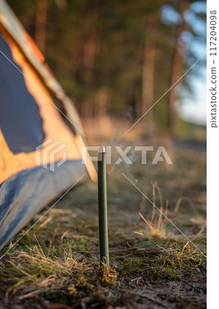 Candle-shaped insect fumigator, rod placed in ground near camping tent to protect from mosquitoes. 117204098