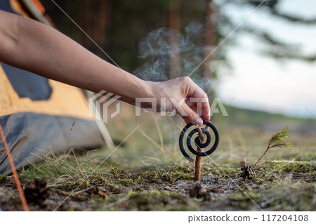Unrecognizable hand burning mosquito coil spiral - fumigator during nature getaway on camping site 117204108