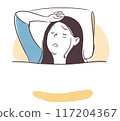 一個簡單的手繪上半身插圖，描繪了一位睡眠困難和出汗的女性。 117204367