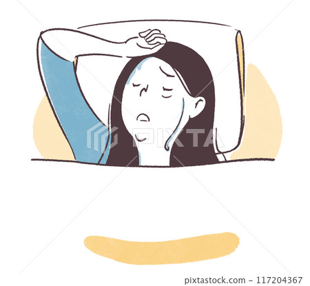 A simple hand-drawn illustration of a woman who is having trouble falling asleep and sweating A simple hand-drawn illustration of a woman who is having trouble falling asleep and sweating 117204367