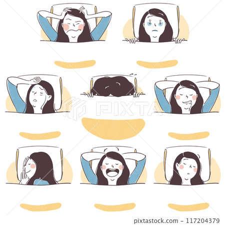 Simple hand-drawn upper body illustration set of women related to sleep Simple hand-drawn upper body illustration set of women related to sleep 117204379