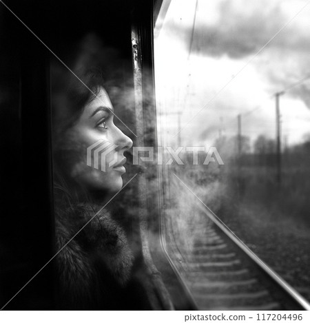 Woman looking out the train window 117204496