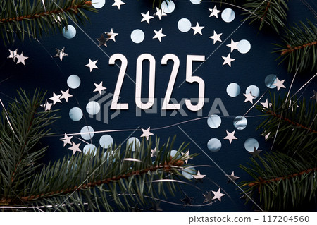 New Year 2025 blue background. Number of the coming year in Christmas decoration. New Year 2025 blue background. Number of the coming year in Christmas decoration. 117204560