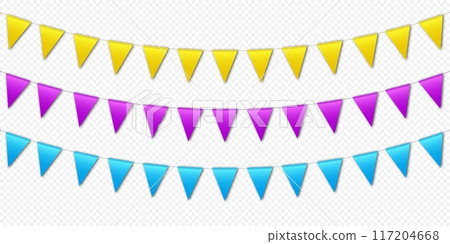 Colorful bunting flags, carnival party flags, festive pennants hanging on a rope. 117204668