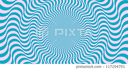 Optical illusion background. Blue and pink abstract distorted wavy lines surface. Radial waves poster design. Trippy sunburst illusion wallpaper. Vector spinning hypnotic illustration 117204701