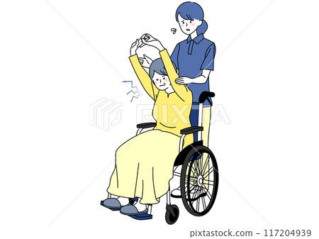 一位坐在輪椅上的老年婦女和一位在伸展時感到疼痛的護理人員 一位坐在輪椅上的老年婦女和一位在伸展時感到疼痛的護理人員 117204939