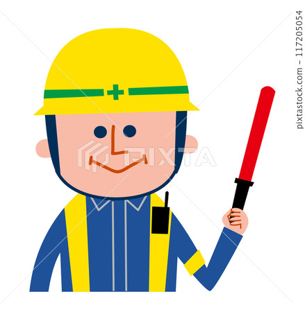 Illustration of a man at a construction site holding a guide stick 117205054