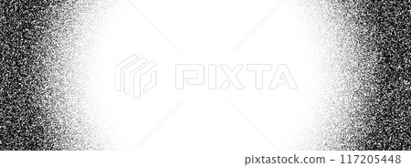 Black stipple gradient texture. Grunge dotted noise background. Black gritty sand halftone overlay. Radial distressed sprayed dotwork grain with splatter, dust, dots, speckles. Vector Black stipple gradient texture. Grunge dotted noise background. Black gritty sand halftone overlay. Radial distressed sprayed dotwork grain with splatter, dust, dots, speckles. Vector 117205448