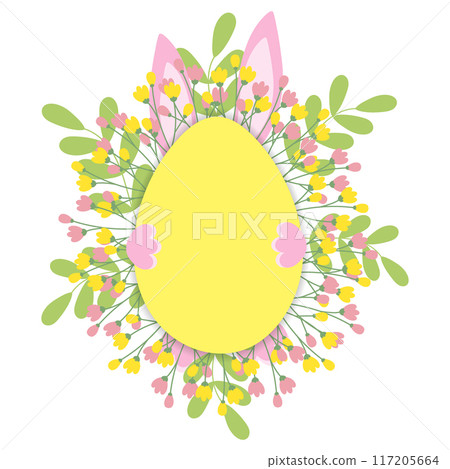 Easter frame border with twigs, flowers and bunny ears, paws behind Isolated on white. Copy space Easter frame border with twigs, flowers and bunny ears, paws behind Isolated on white. Copy space 117205664
