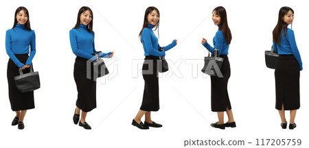 Full body cutout of a woman in a blue high-neck sweater 117205759