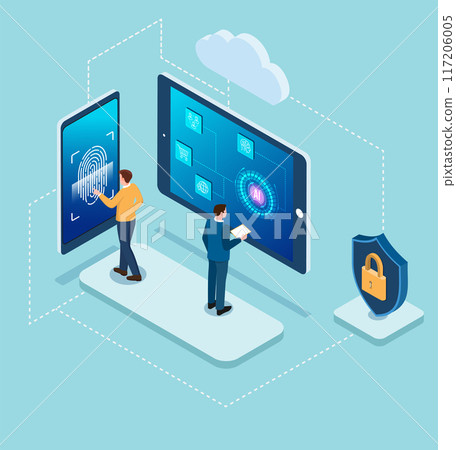 A security team using artificial intelligence technologies is in charge of the cloud server branch's security. isometric vector illustration eps10 117206005
