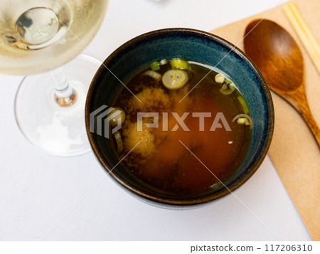 Traditional miso soup served in a bowl Traditional miso soup served in a bowl 117206310