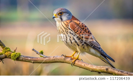 A striking kestrel perched on a bare branch, its keen eyes focused intently on the meadow below. A striking kestrel perched on a bare branch, its keen eyes focused intently on the meadow below. 117206439
