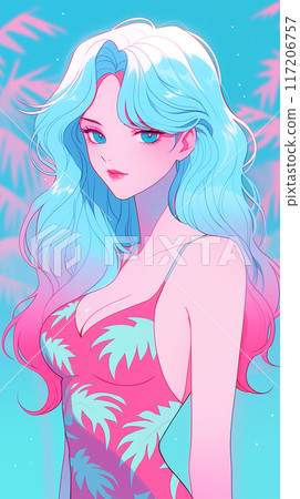 Hand drawn cartoon illustration of girl wearing swimsuit in summer Hand drawn cartoon illustration of girl wearing swimsuit in summer 117206757