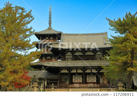 World Heritage Site, Headquarters of the Shotoku Sect, Horyuji Saiin Garan, Chumon Gate and Five-storied Pagoda World Heritage Site, Headquarters of the Shotoku Sect, Horyuji Saiin Garan, Chumon Gate and Five-storied Pagoda 117206911