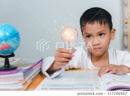 Education concept, Smart kid against green blackboard, Boy holding a bright light bulb to represent new creativity, Idea and creativity concept, Copy space for your text. Education concept, Smart kid against green blackboard, Boy holding a bright light bulb to represent new creativity, Idea and creativity concept, Copy space for your text. 117206987