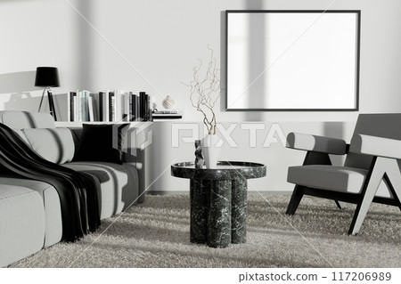 Modern Minimalist Living Room with Gray Sofa, Black Marble Table, and Contemporary Decor 117206989