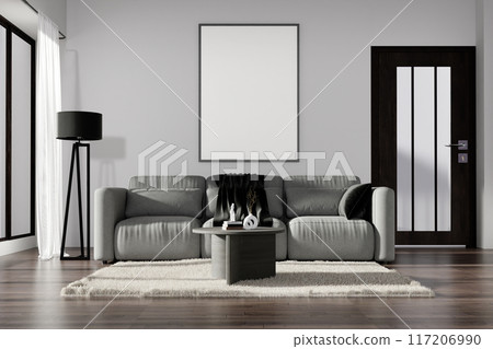 Modern Minimalist Living Room with Gray Sofa, Black Lamp, and Wooden Coffee Table 117206990