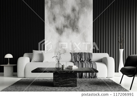 Modern Minimalist Living Room with Monochrome Decor and Stylish Furniture Modern Minimalist Living Room with Monochrome Decor and Stylish Furniture 117206991
