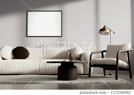 Modern Minimalist Living Room with White Sofa, Armchair, and Contemporary Decor in Natural Light 117206992
