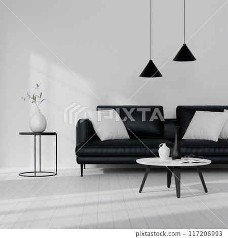 Modern Minimalist Living Room with Black Sofa, White Decor, and Pendant Lights in Bright Natural Light Modern Minimalist Living Room with Black Sofa, White Decor, and Pendant Lights in Bright Natural Light 117206993