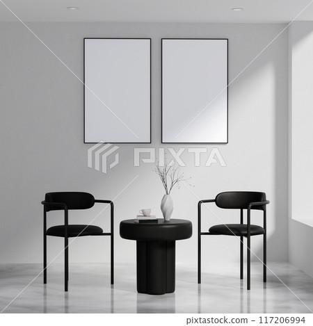 Minimalist Modern Interior with Black Chairs and Blank Frames on White Wall in Bright Room Minimalist Modern Interior with Black Chairs and Blank Frames on White Wall in Bright Room 117206994