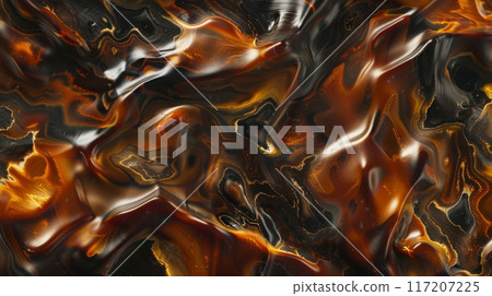 Abstract Swirling Textured Marbled Surface in Vibrant Orange and Black Tones, Ideal for Graphic Design Backgrounds and Art Projects 117207225