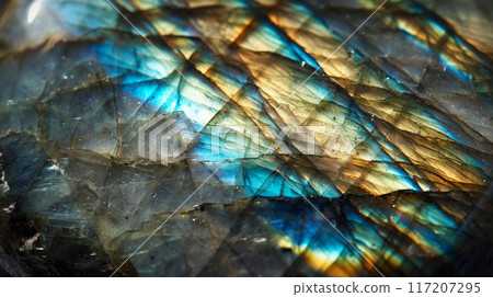 Polished Labradorite Surface with Iridescent Blues and Golds - Stunning Natural Mineral Texture for Design and Decor 117207295